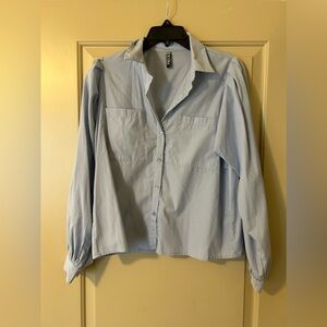 light blue puff sleeve button down top